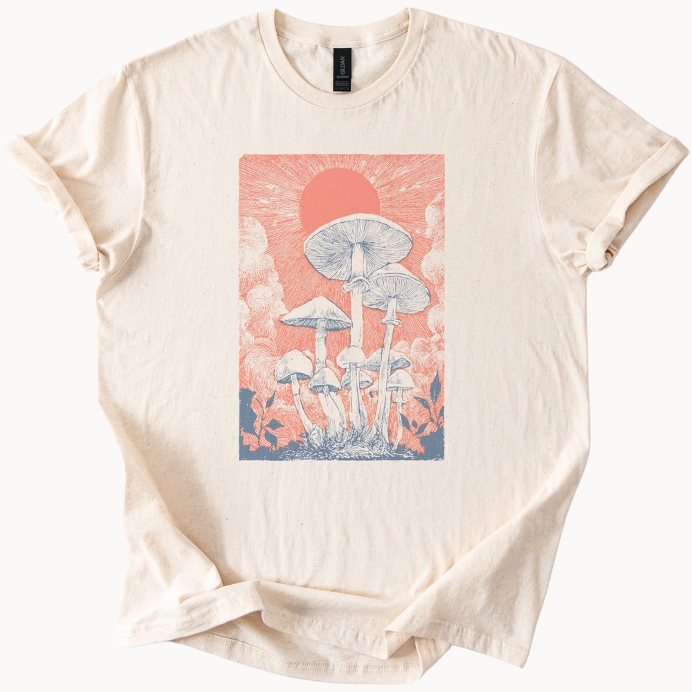 Mushroom Sun Graphic Tee Woodcut Style Nature Art